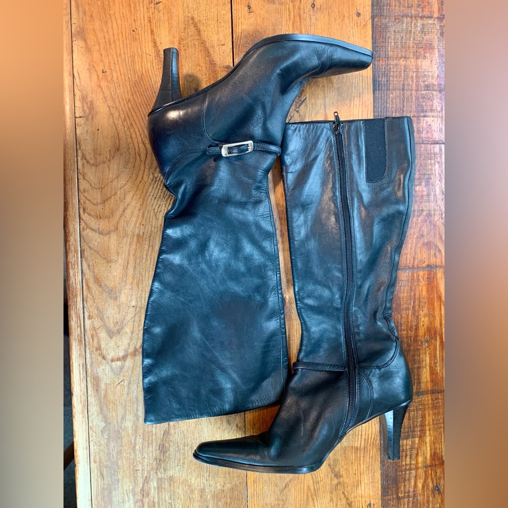 Coldwater Creek High Boots Black Soft Leather Long Pointed Toe Heels Side Zipper